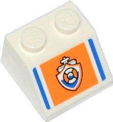 Lego Slope 45 2 x 2 with Blue Lines and Coast Guard Logo on Orange Background Pattern (Sticker) - Set 60012 / White