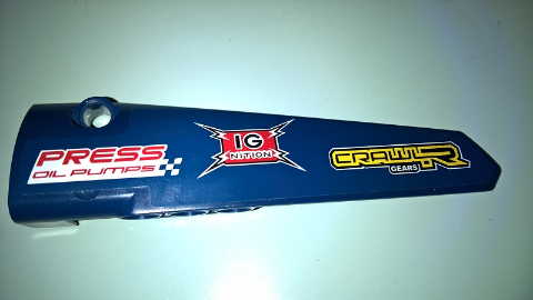 Lego Technic, Panel Fairing # 5 Long Smooth, Side A with 'PRESS OIL PUMPS', 'IG NITION' and 'CRAWLR GEARS' Pattern (Sticker) - Set 41999