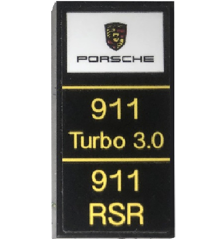 Lego Tile 2 x 4 with Porsche Logo and Yellow '911 Turbo 3.0' and '911 RSR' Pattern (Sticker) - Set 75888 / Black