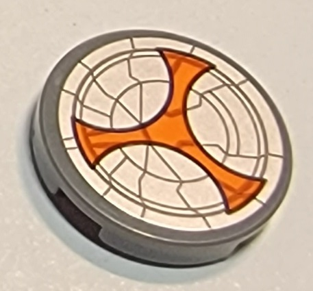 Lego Tile, Round 2 x 2 with Bottom Stud Holder with Light Bluish Gray and Orange Taskmaster Shield Pattern (Sticker) - Set 77905