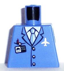 Lego Torso Airplane Crew Male, Light Blue Tie, Red Pen, Silver Plane Logo, ID Badge, 3 Buttons Pattern / Blue