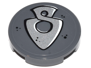 Lego Tile, Round 2 x 2 with Bottom Stud Holder with Silver Elves Arrowhead Pattern (Sticker) - Set 41179 / Dark Bluish Gray