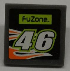 Lego Road Sign 2 x 2 Square with Clip with 'FUZONE', Number '46' and Orange Flames Pattern (Sticker) - Set 8125 / Dark Bluish Gray