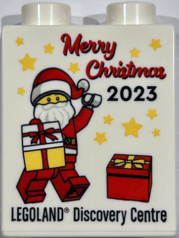 Lego Duplo, Brick 1 x 2 x 2 with Merry Christmas 2023 LEGOLAND Discovery Centre, Santa Claus Minifigure Pattern