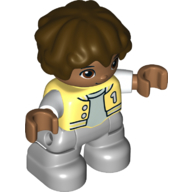Lego Duplo Figure Child with Short Wavy Hair Dark Brown, Light Bluish Gray Legs, Letterman Jacket Print / Bright Light Yellow