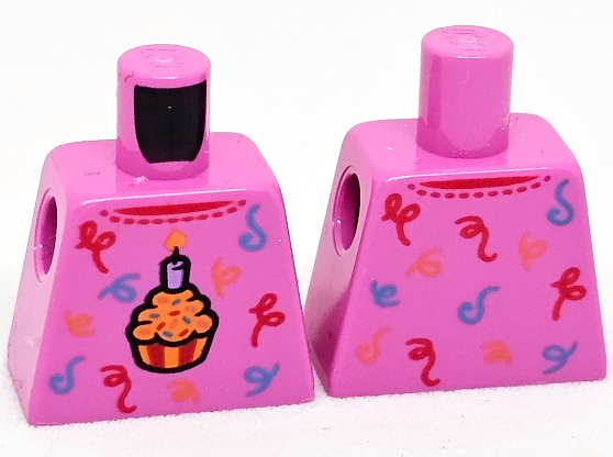 Lego Torso Shirt with Birthday Cupcake with Medium Lavender Candle, Red, Orange and Dark Azure Scrolls Pattern (BAM) / Dark Pink