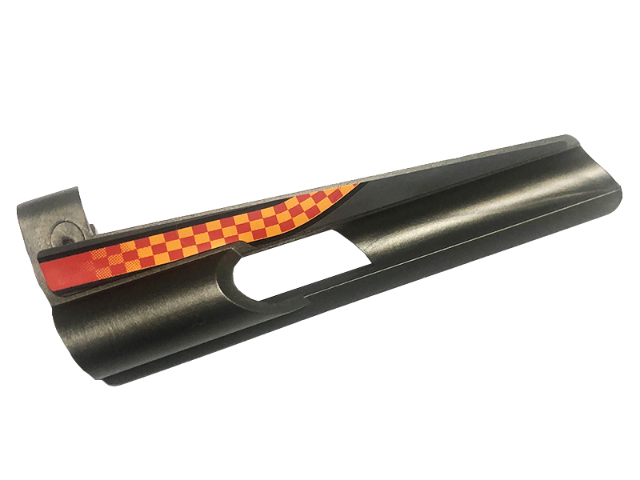 Lego Technic, Panel Fairing # 8 Small Long, Large Hole, Side B with Small Red and Orange Checkered Pattern (Sticker) - Set 8473 / Pearl Dark Gray
