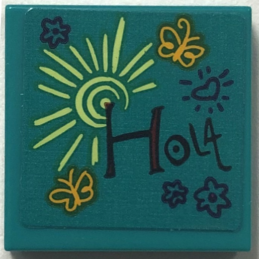 Lego Tile 2 x 2 with Butterflies, Flowers, Heart, Sun and 'Hola' Pattern (Sticker) - Set 43202 / Dark Turquoise