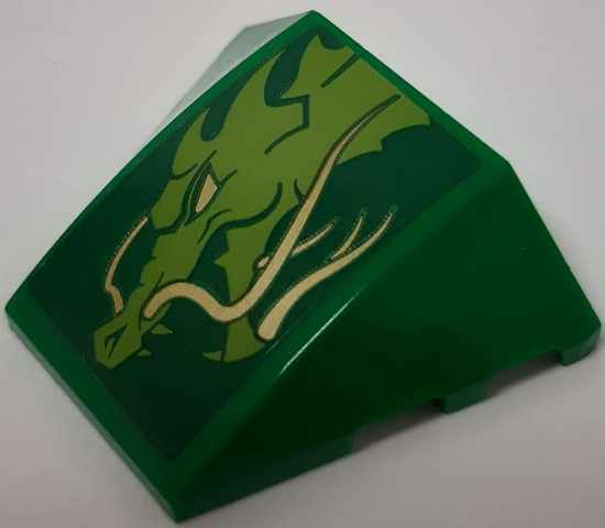 Lego Wedge 4 x 3 Triple Curved No Studs with Dragon Head Pattern Model Left Side (Sticker) - Set 70641 / Green