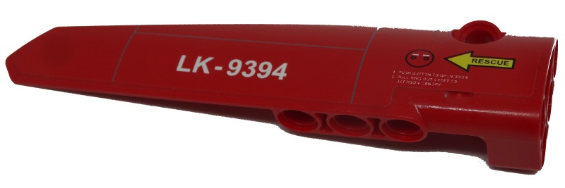Lego Technic, Panel Fairing # 6 Long Smooth, Side B with Yellow 'RESCUE' Arrow and 'LK-9394' Pattern (Sticker) - Set 9394 / Red