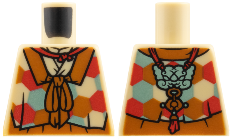 Lego Torso Dark Orange Collar and Bow, Red and Sand Green Hexagons Pattern / Tan