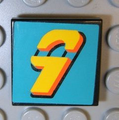 Lego Tile 2 x 2 with Number  9 Yellow on Turquoise Background Pattern (Sticker) - Sets 3038 / 8266 / Black