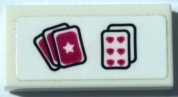 Lego Tile 1 x 2 with Playing Cards 6 of Hearts Pattern (Sticker) - Set 41368 / White