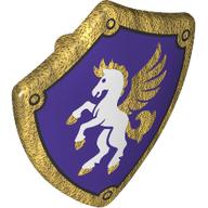 Lego Shield Triangular with Spiked Top with White Horse, Gold Mane, Tail, Hooves on Dark Purple Background Print