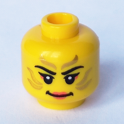 Lego Minifig Head, Face Paint with Gold Painted Lines, Coral Mascara, Smile and Coral Lips Print / Yellow