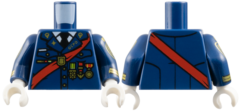 Lego Torso Police Uniform Dress, Red Sash, 'GCPD' and Medals Pattern / Dark Blue Arms with Gold Police Crest and Piping Pattern / White Hands