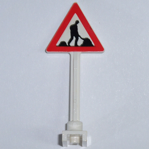 Lego Road Sign Triangle with Roadworks Print - 2 Dirt Piles - Thick Worker / White