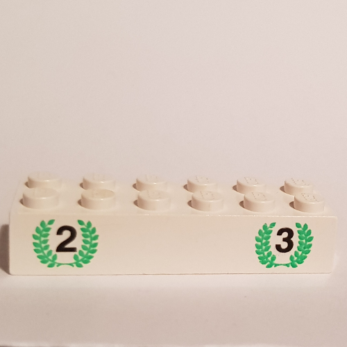 Lego Brick 2 x 6 with '2' and '3' in Green Laurels Print / White