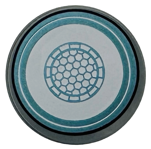 Lego Tile, Round 2 x 2 with Bottom Stud Holder with White Arc Reactor Core with Metallic Light Blue Rings, Honeycomb Center, and Black Outer Ring Pattern