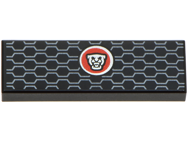 Lego Tile 1 x 3 with Silver and Red Jaguar Logo and Dark Silver Honeycomb Air Vent Pattern / Black