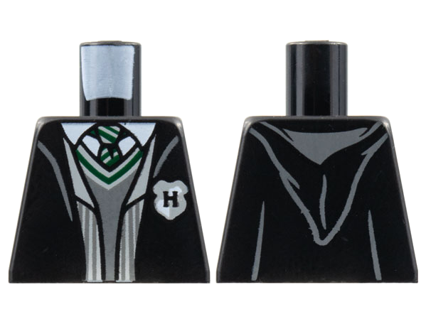 Lego Torso Jacket, Letter H Patch, Dark Bluish Gray V-Neck, Green Trim and Striped Tie Pattern / Black