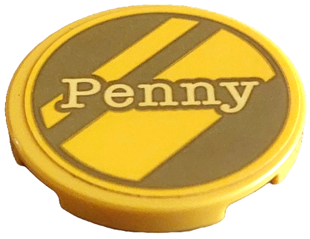 Lego Tile, Round 3 x 3 with Gold Dalmatian Dog Tag with Diagonal Stripes and Bright Light Yellow 'Penny' Pattern (Sticker) - Set 43269
