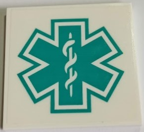 Lego Tile 6 x 6 with Bottom Tubes, Textured Surface with Dark Turquoise EMT Star of Life Pattern (Sticker) - Set 60330