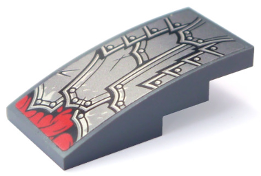 Lego Slope, Curved 4 x 2 with Silver Layered Armor Plates Pattern (Sticker) - Set 70625 / Dark Bluish Gray