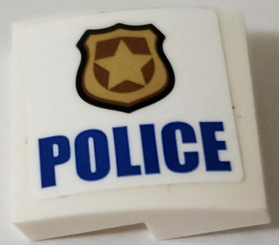 Lego Slope, Curved 2 x 2 x 2/3 with Gold Badge and Blue 'POLICE' Pattern Model Left Side (Sticker) - Set 60140
