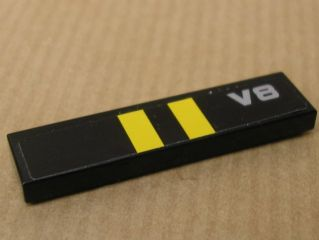 Lego Tile 1 x 4 with Two Yellow Stripes on Black Background and 'V8' Pattern (Sticker) - Set 8154 / Black