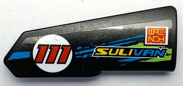 Lego Technic, Panel Fairing #21 Very Small Smooth, Side B with 'SULIVAN', 'WRENCH', Red '111' in Circle and Blue and Lime Stripes Pattern (Sticker) - Set 42103