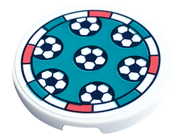 Lego Tile, Round 3 x 3 with Soccer Balls with Coral and Dark Turquoise Border Pattern (Sticker) - Set 41754 / White
