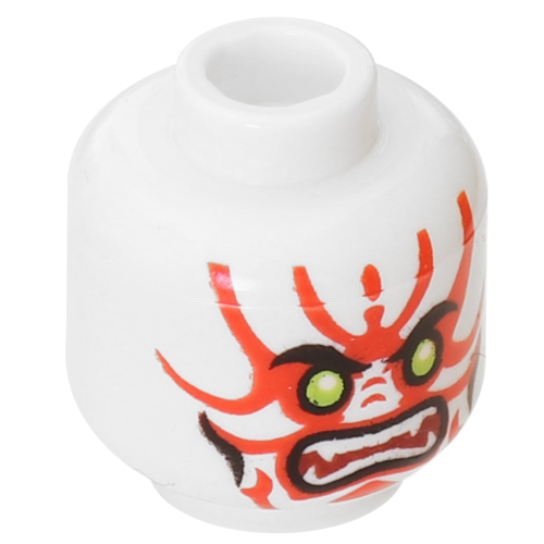 Lego Minifig Head General Kozu, Lime Eyes, White Fangs, Red Face Markings, Mouth, Cheek Lines Print / White