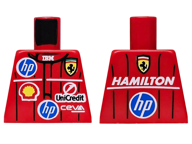 Lego Torso Racing Suit with Black Lines, CEVA, Ferrari, HP, IBM, Shell and UniCredit Logos, White 'HAMILTON' on Back Pattern / Red