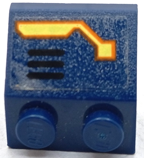 Lego Slope 45 2 x 2 with Bright Light Yellow and Orange Circuitry and and Black Air Vent Lines Pattern Model Right Side (Sticker) - Set 70357 / Dark Blue