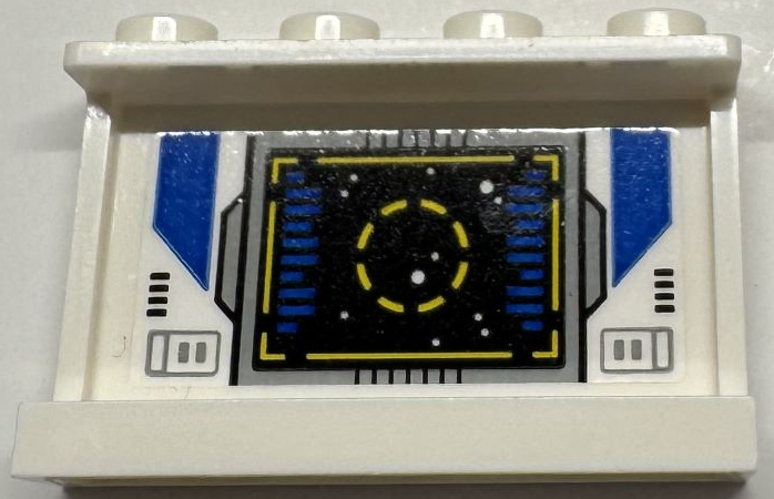 Lego Panel 1 x 4 x 2 with Side Supports - Hollow Studs with Screen, Yellow Target and Border, Light Bluish Gray Frame, Blue Lines and Side Panels, Stars on Black Background Pattern (Sticker) - Set 75293 / White