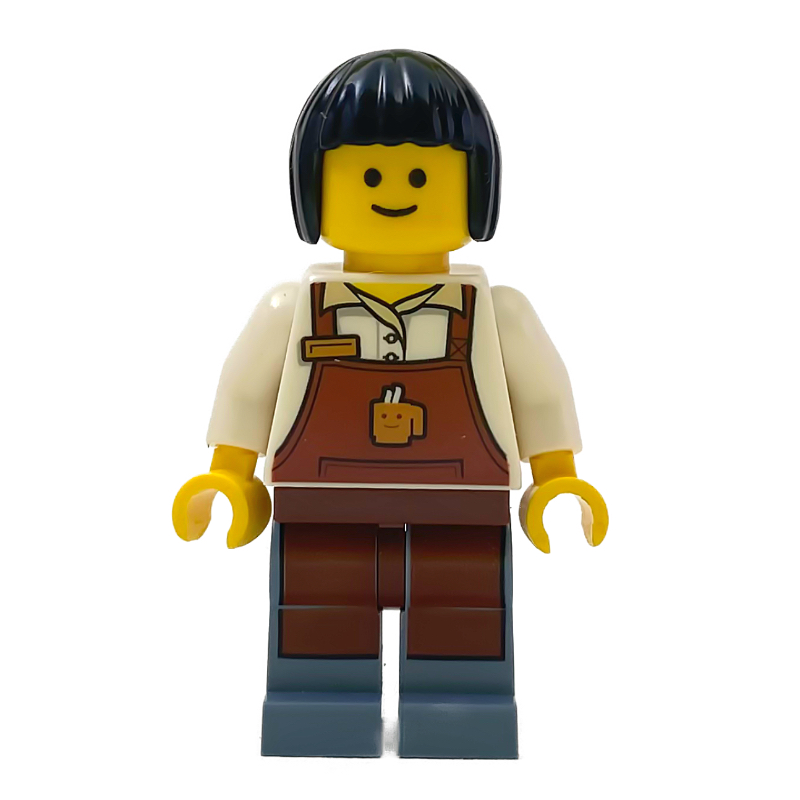 Lego Barista, White Torso, Reddish Brown Apron, Sand Blue Legs