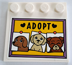 Lego Tile, Modified 4 x 4 with Studs on Edge with Yellow Bulletin Board / Pinboard with Hearts, 'ADOPT' and 3 Dogs Pattern (Sticker) - Set 41727