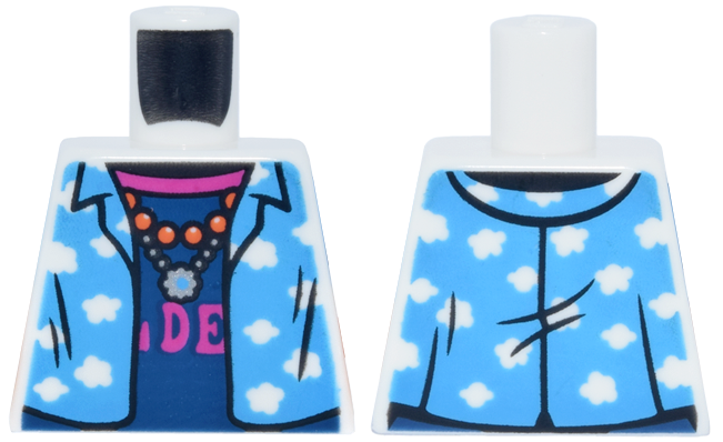 Lego Torso Dark Azure Shirt, Open with Clouds over Dark Blue T-Shirt, Magenta Letters DE and Silver Necklace Pattern