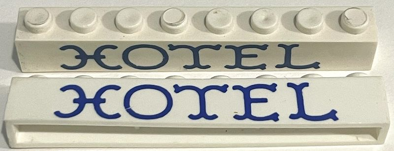 Lego Brick 1 x 8 without Bottom Tubes with Cross Side Supports with Blue 'HOTEL' Curvy Pattern