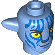 Lego Minifig Head Special, Na'vi with Yellow Eyes, Dark Blue/Bright Light Orange Markings, Mean print / Medium Blue