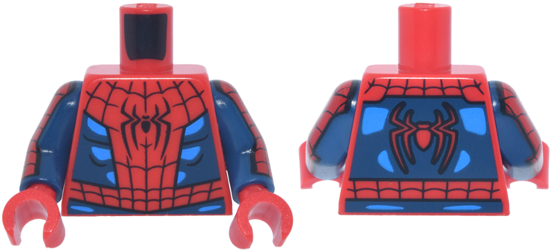 Lego Torso Spider-Man Costume with Black Webbing, Dark Blue Side Panels and Waist with Dark Azure Highlights Pattern / Dark Blue Arms with Red and Black Webbing Pattern / Red Hands