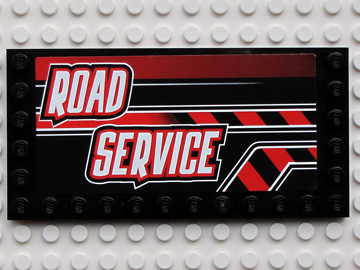 Lego Tile, Modified 6 x 12 with Studs on Edges with White 'ROAD SERVICE' on Black and Red Stripes Pattern Model Left Side (Sticker) - Set 8285
