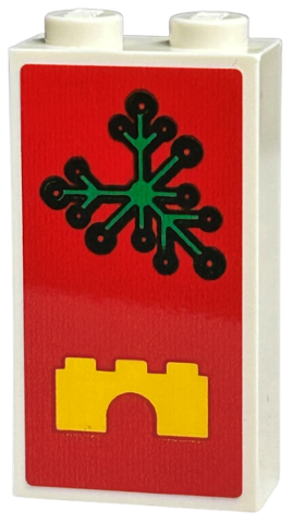 Lego Brick 1 x 2 x 3 with Green Plant Leaves and Yellow Arch on Red Background Pattern (Sticker) - Set 40574 / White