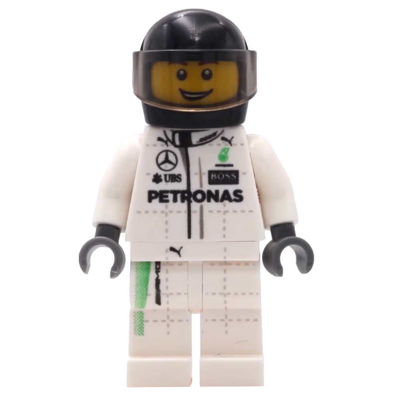 Lego Race Driver, White Torso, White Legs, Black Helmet, Mercedes