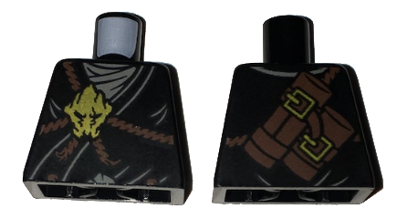 Lego Torso Ninjago Brown Rope, Gold Medallion and Gray Undershirt Front, Scabbards on Back Pattern / Black