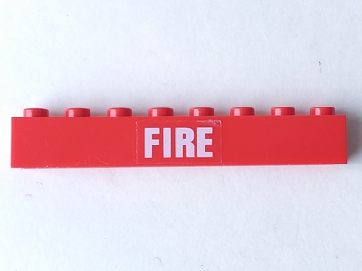 Lego Brick 1 x 8 with White 'FIRE' Pattern (Sticker) - Set 7239 / Red