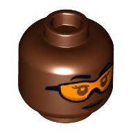 Lego Minifig Head, Orange Glasses, Dark Brown Lips Print / Reddish Brown