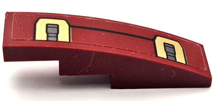 Lego Slope, Curved 4 x 1 with Gold, Dark Red and Dark Bluish Gray Iron Man Hulkbuster Armor Plates Pattern Model Left Side (Sticker) - Set 76105 / Dark Red