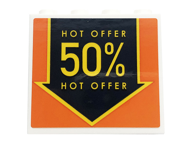 Lego Panel 1 x 4 x 3 with Side Supports - Hollow Studs with Black Arrow on Orange Background and 'HOT OFFER 50%' Pattern (Sticker) - Set 60258